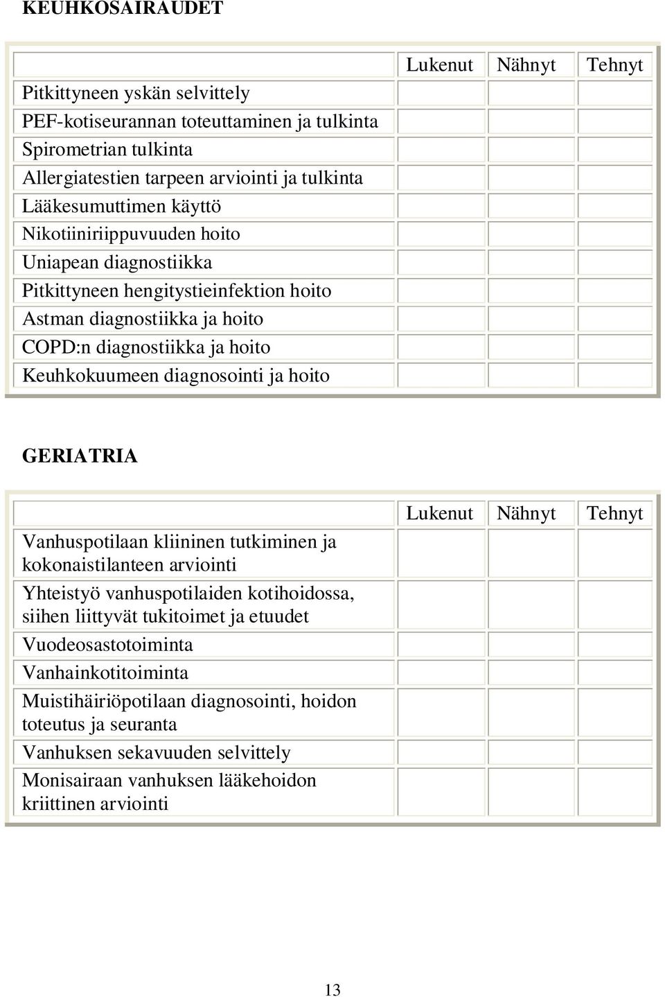 diagnosointi ja GERIATRIA Vanhuspotilaan kliininen tutkiminen ja kokonaistilanteen arviointi Yhteistyö vanhuspotilaiden kotihoidossa, siihen liittyvät tukitoimet ja