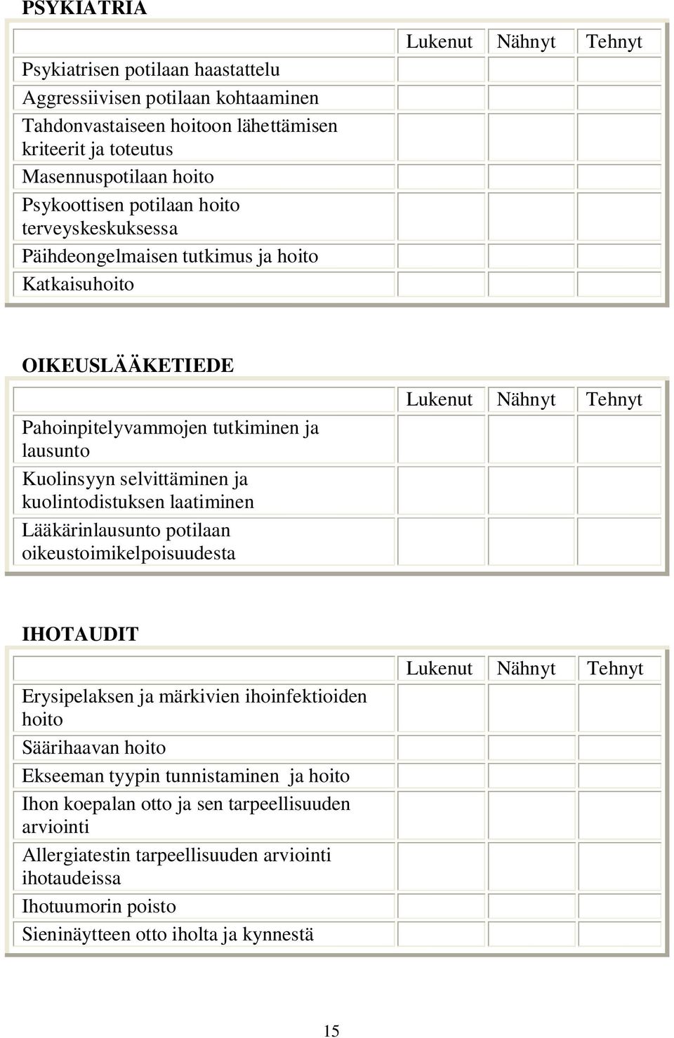 kuolintodistuksen laatiminen Lääkärinlausunto potilaan oikeustoimikelpoisuudesta IHOTAUDIT Erysipelaksen ja märkivien ihoinfektioiden Säärihaavan Ekseeman tyypin