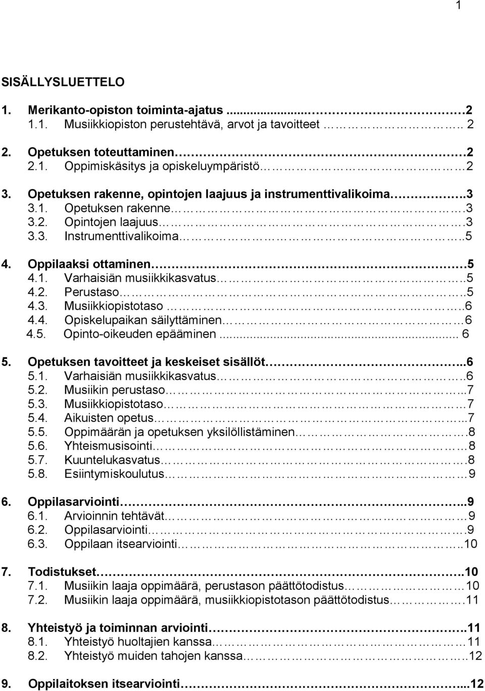 .5 4.2. Perustaso..5 4.3. Musiikkiopistotaso..6 4.4. Opiskelupaikan säilyttäminen 6 4.5. Opinto-oikeuden epääminen... 6 5. Opetuksen tavoitteet ja keskeiset sisällöt..6 5.1.