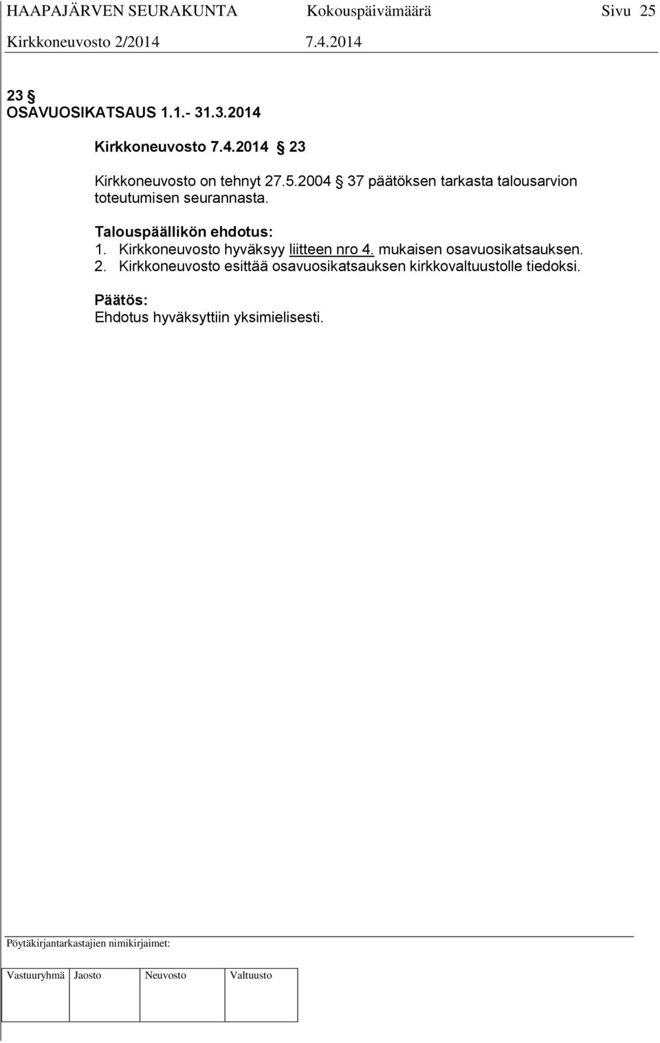 Talouspäällikön ehdotus: 1. Kirkkoneuvosto hyväksyy liitteen nro 4.