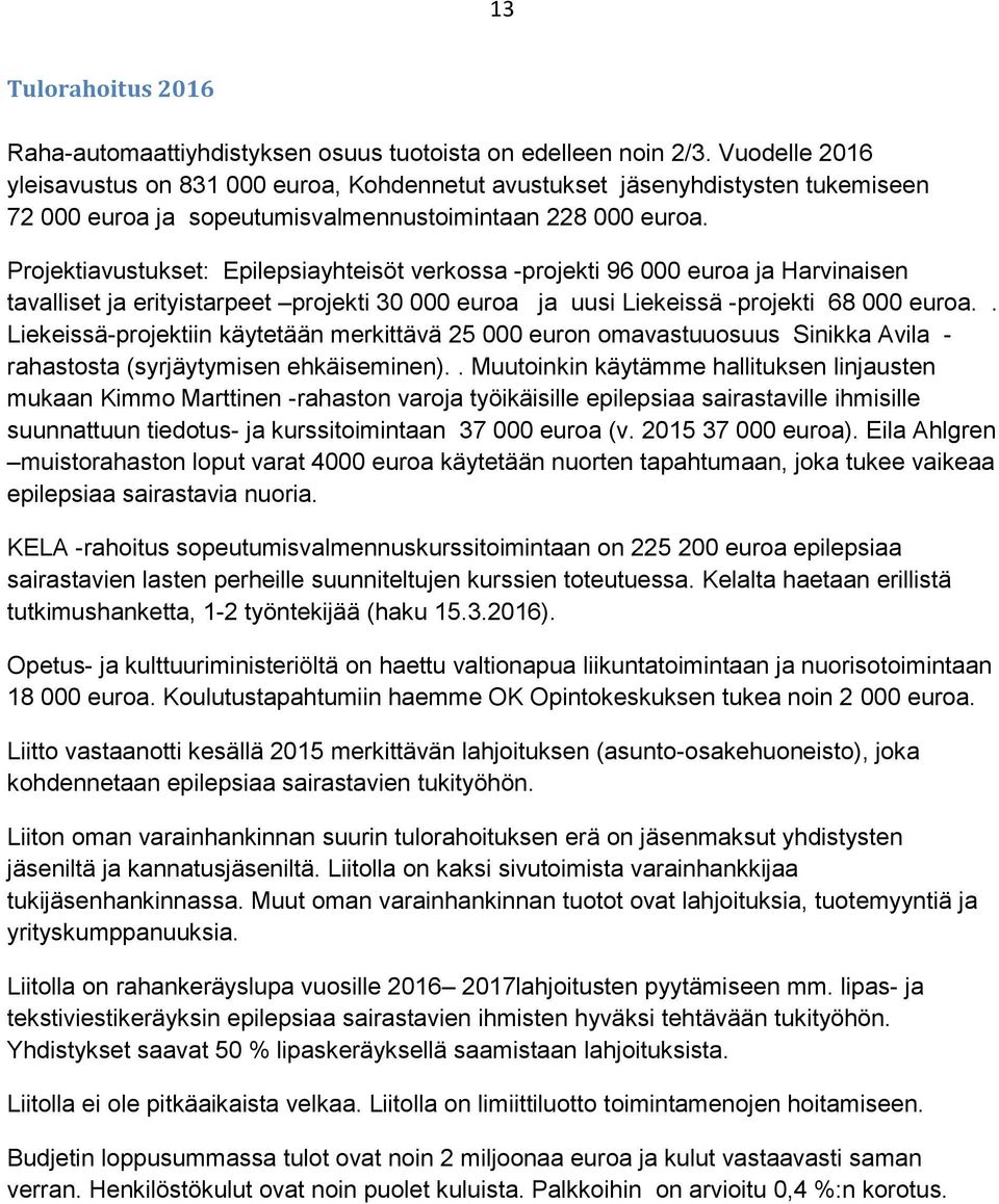 Projektiavustukset: Epilepsiayhteisöt verkossa -projekti 96 000 euroa ja Harvinaisen tavalliset ja erityistarpeet projekti 30 000 euroa ja uusi Liekeissä -projekti 68 000 euroa.