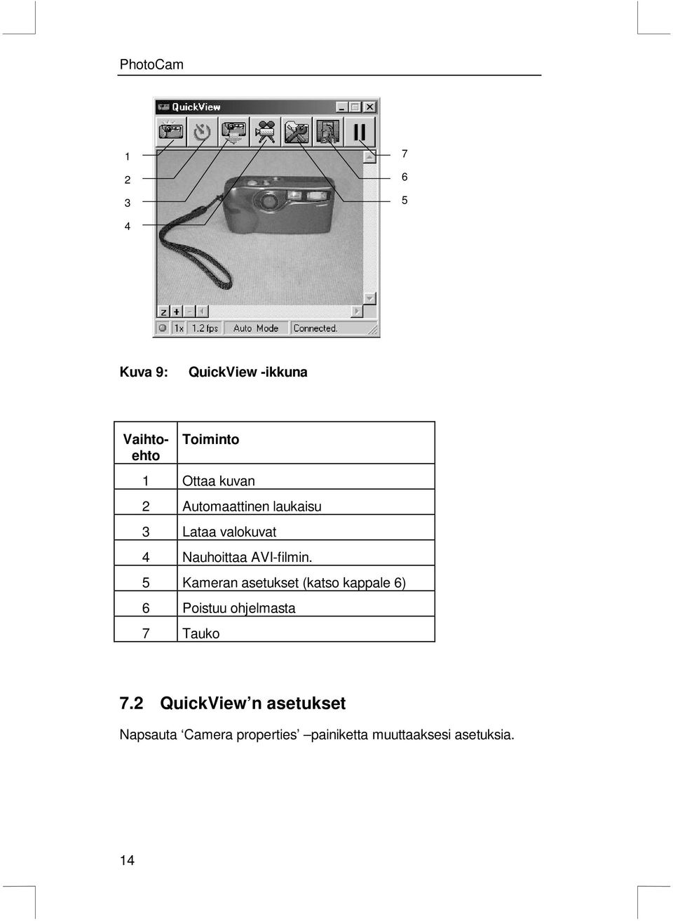 5 Kameran asetukset (katso kappale 6) 6 Poistuu ohjelmasta 7 Tauko 7.