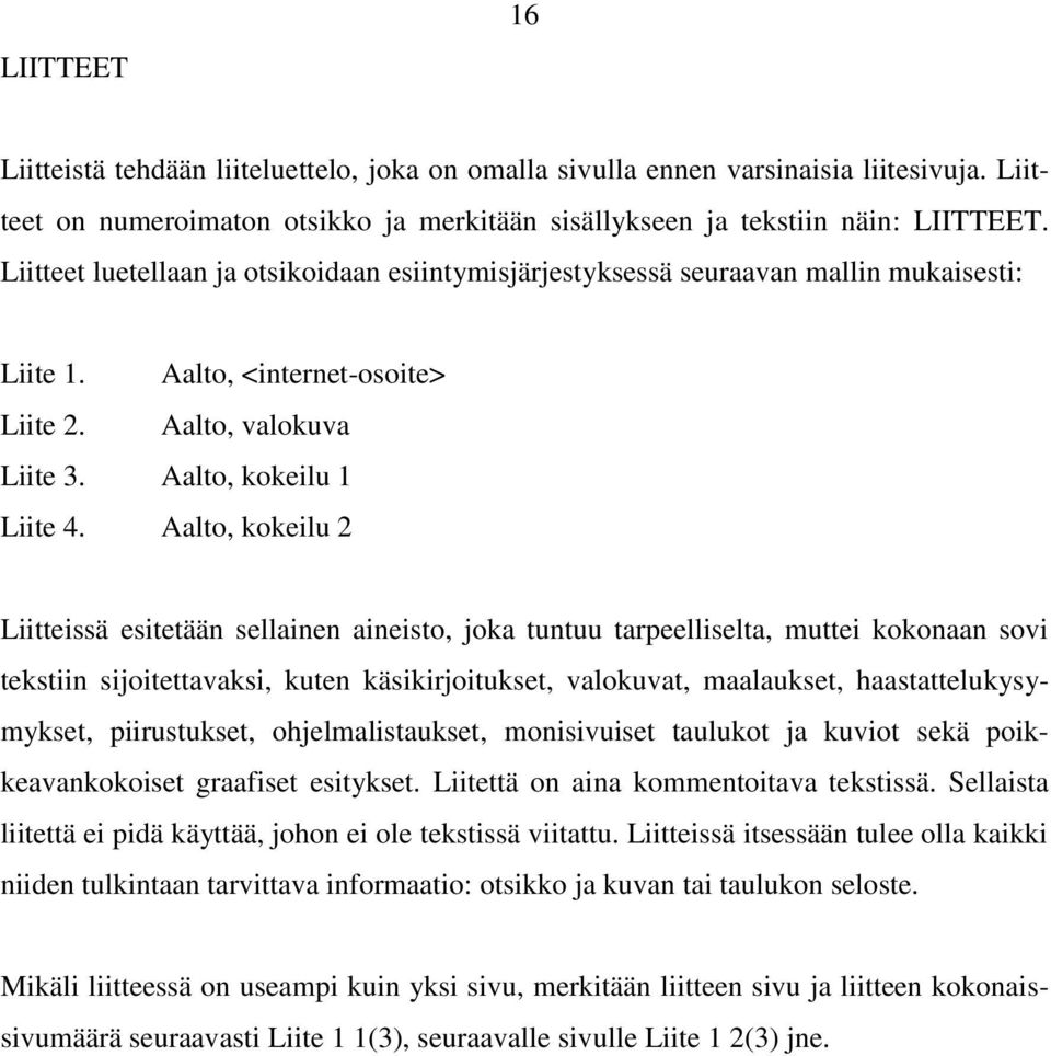 Aalto, kokeilu 2 Liitteissä esitetään sellainen aineisto, joka tuntuu tarpeelliselta, muttei kokonaan sovi tekstiin sijoitettavaksi, kuten käsikirjoitukset, valokuvat, maalaukset,