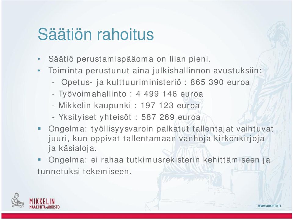 Työvoimahallinto : 4 499 146 euroa - Mikkelin kaupunki : 197 123 euroa - Yksityiset yhteisöt : 587 269 euroa Ongelma: