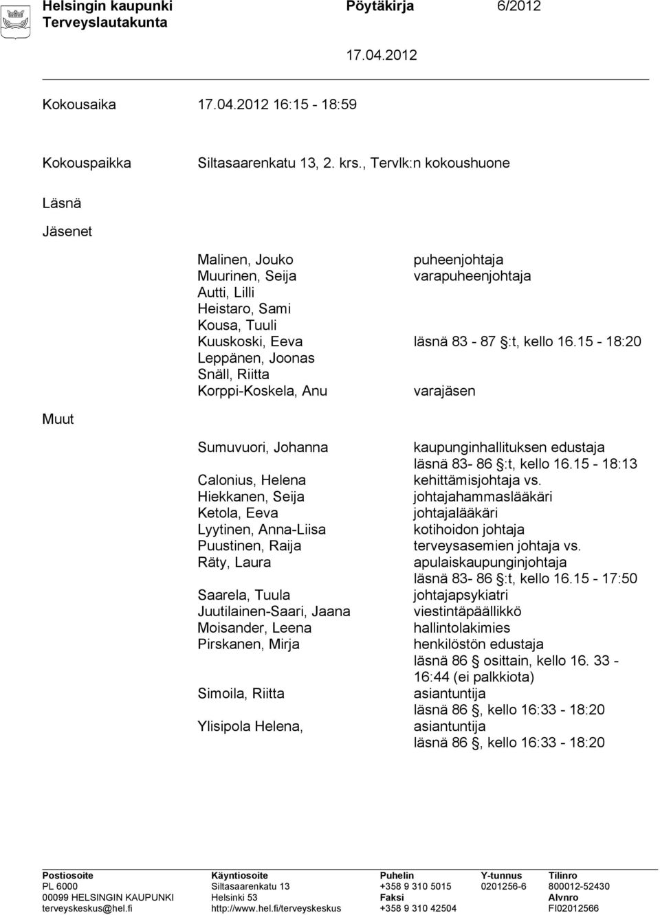 15-18:20 Leppänen, Joonas Snäll, Riitta Korppi-Koskela, Anu varajäsen Muut Sumuvuori, Johanna Calonius, Helena Hiekkanen, Seija Ketola, Eeva Lyytinen, Anna-Liisa Puustinen, Raija Räty, Laura Saarela,