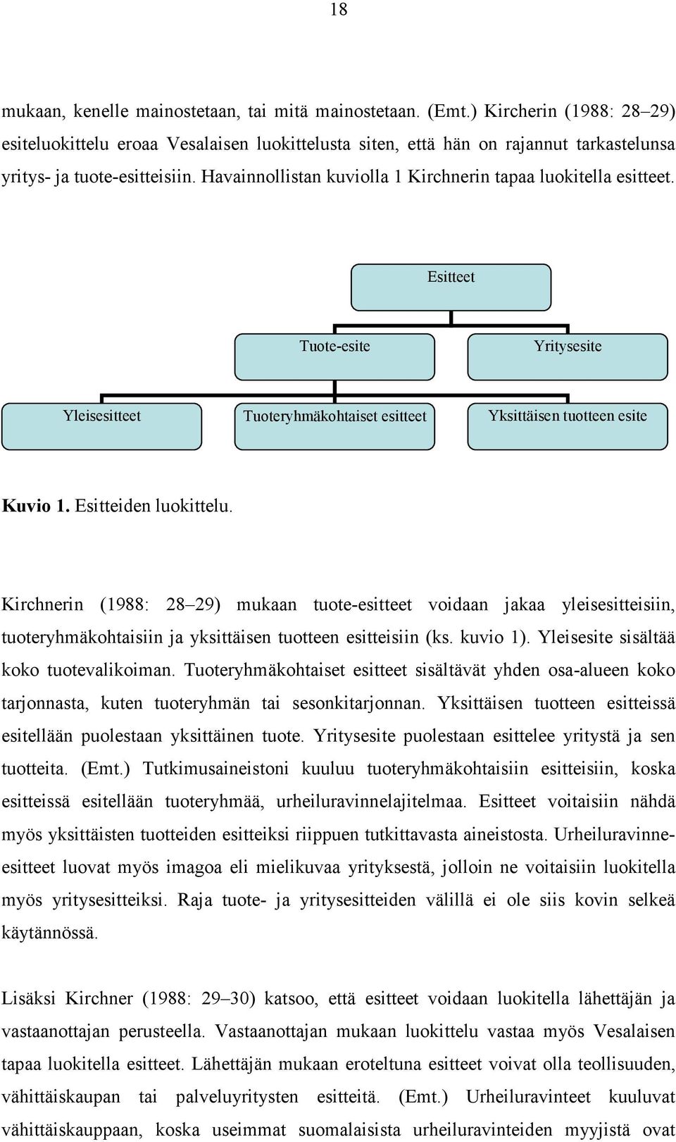 Havainnollistan kuviolla 1 Kirchnerin tapaa luokitella esitteet. Esitteet Tuote-esite Yritysesite Yleisesitteet Tuoteryhmäkohtaiset esitteet Yksittäisen tuotteen esite Kuvio 1. Esitteiden luokittelu.