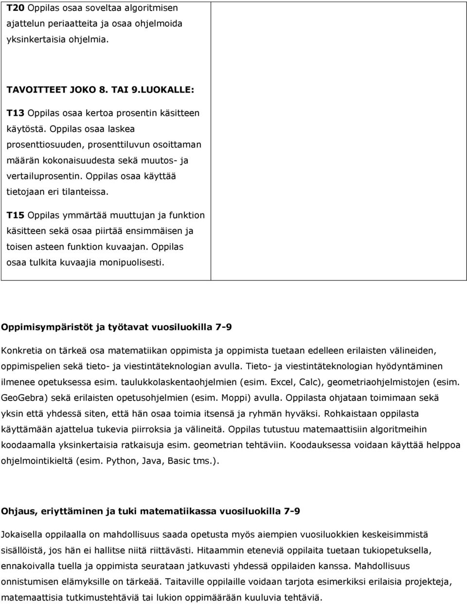 T15 Oppilas ymmärtää muuttujan ja funktion käsitteen sekä osaa piirtää ensimmäisen ja toisen asteen funktion kuvaajan. Oppilas osaa tulkita kuvaajia monipuolisesti.