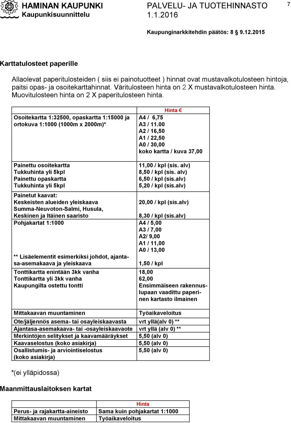 Osoitekartta 1:32500, opaskartta 1:15000 ja ortokuva 1:1000 (1000m x 2000m)* Painettu osoitekartta Tukkuhinta yli 5kpl Painettu opaskartta Tukkuhinta yli 5kpl Painetut kaavat: Keskeisten alueiden