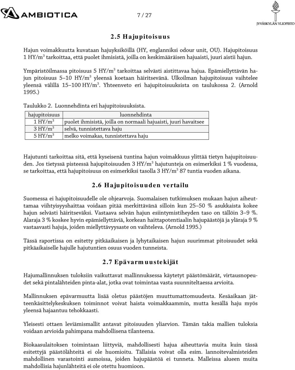 Epämiellyttävän hajun pitoisuus 5 10 HY/m 3 yleensä koetaan häiritsevänä. Ulkoilman hajupitoisuus vaihtelee yleensä välillä 15 100 HY/m 3. Yhteenveto eri hajupitoisuuksista on taulukossa 2.