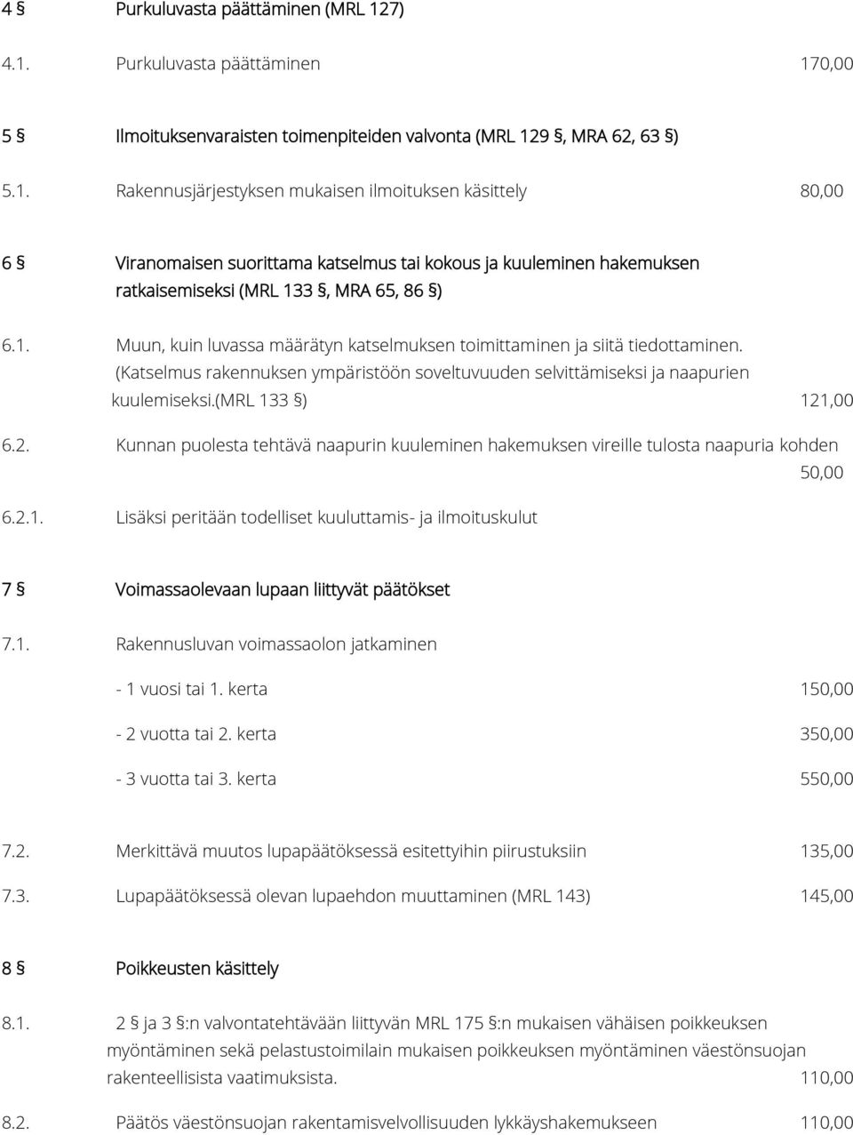 1. Muun, kuin luvassa määrätyn katselmuksen toimittaminen ja siitä tiedottaminen. (Katselmus rakennuksen ympäristöön soveltuvuuden selvittämiseksi ja naapurien kuulemiseksi.(mrl 133 ) 121