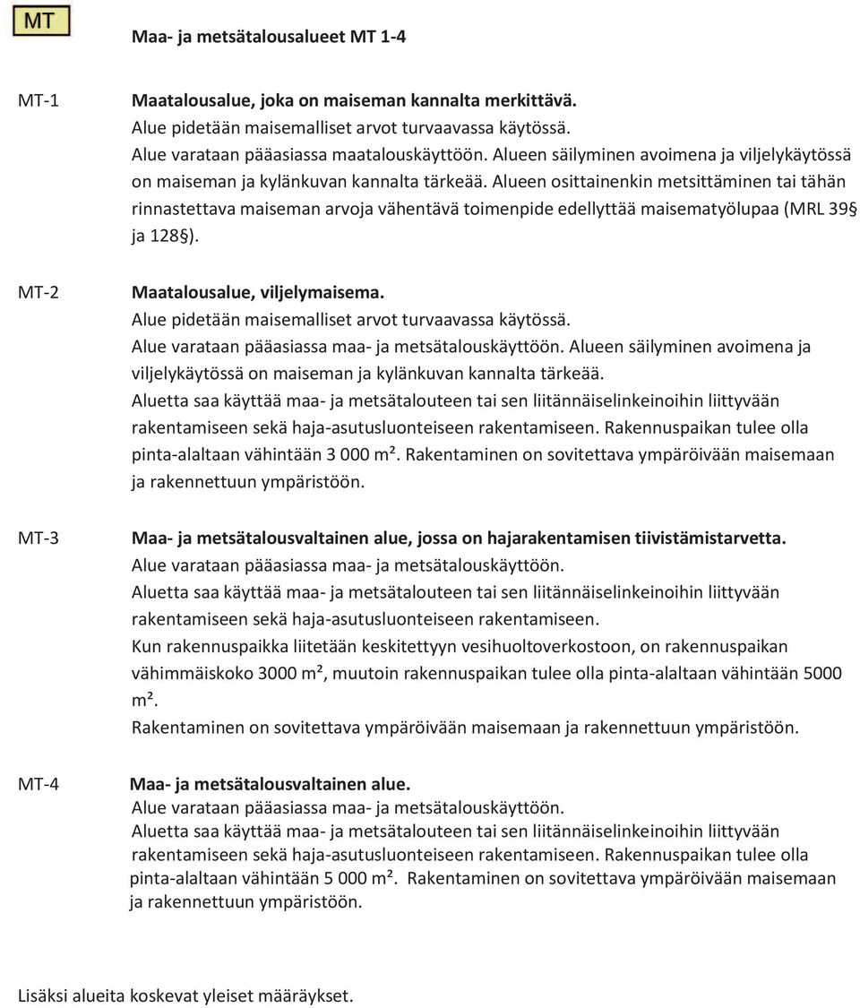 Alueen osittainenkin metsittäminen tai tähän rinnastettava maiseman arvoja vähentävä toimenpide edellyttää maisematyölupaa (MRL 39 ja 128 ). MT-2 Maatalousalue, viljelymaisema.