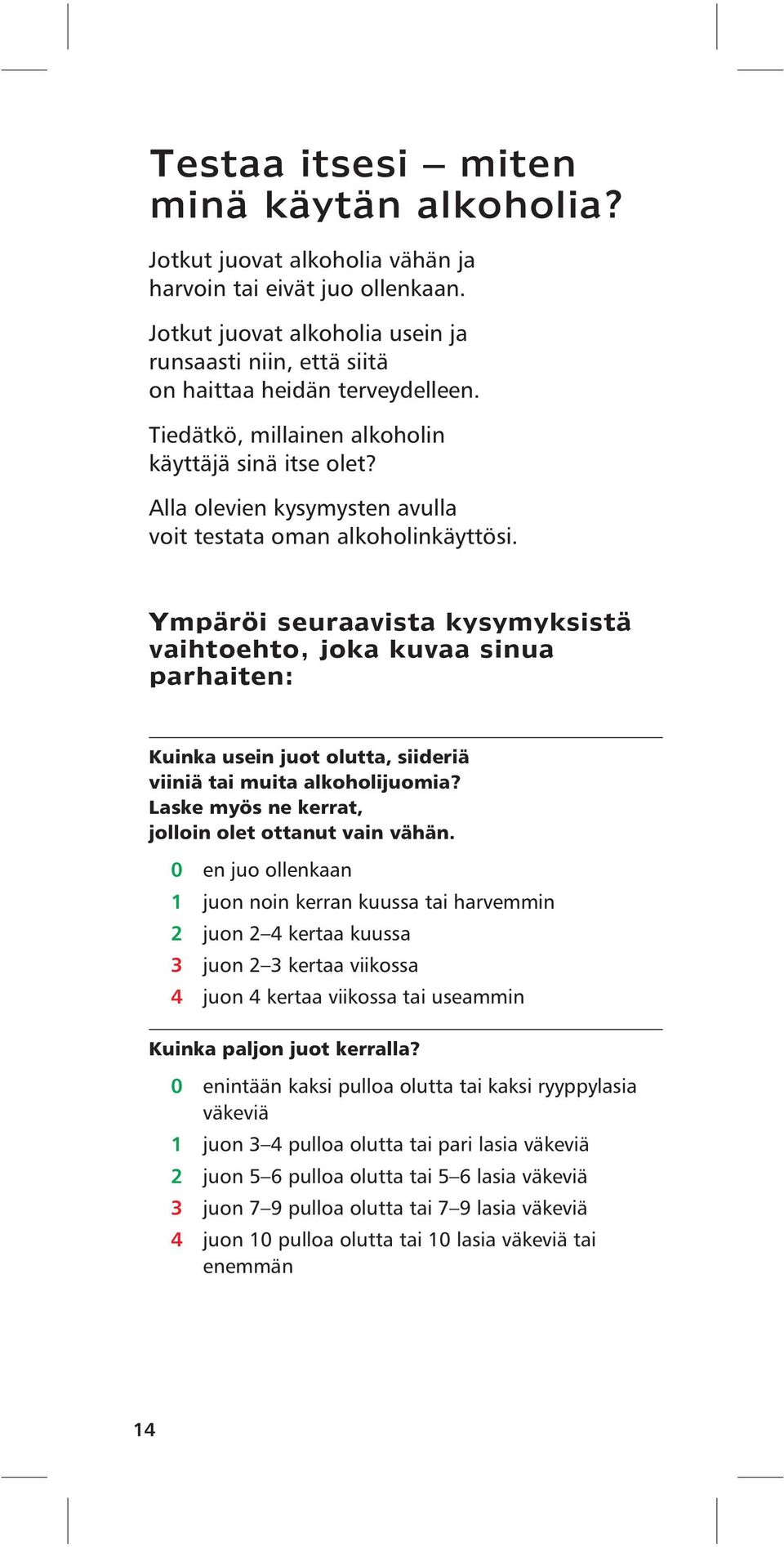 Alla olevien kysymysten avulla voit testata oman alkoholinkäyttösi.