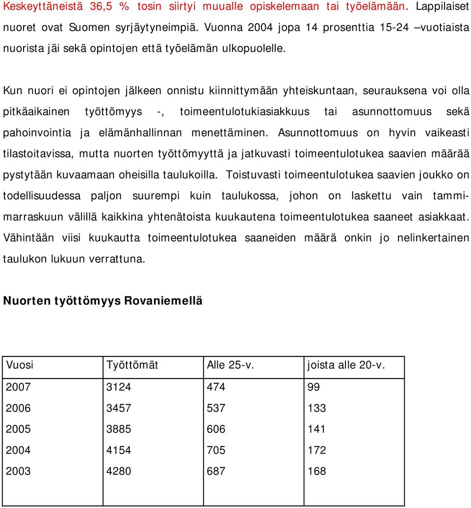 Kun nuori ei opintojen jälkeen onnistu kiinnittymään yhteiskuntaan, seurauksena voi olla pitkäaikainen työttömyys, toimeentulotukiasiakkuus tai asunnottomuus sekä pahoinvointia ja elämänhallinnan