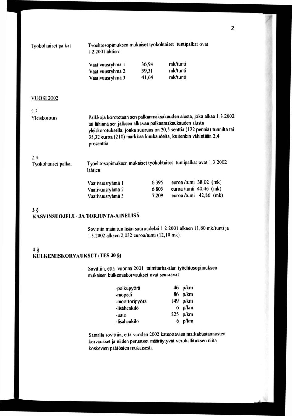 3.2002 tai Uhinna sen jälkeen alkavan palkanmaksukauden alusta yleiskorotuksella, jonka suuruus on 20,5 senttii (122 penniä) tunnilta tai 35,32 euroa (210) markkaa kuukaudelta, kuitenkin vähintään