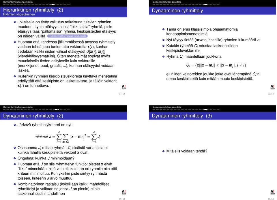 tavassa ryhmittely voidaan tehdä jopa tuntematta vektoreita x(i), kunhan tiedetään kaikki niiden väliset etäisyydet d[x(i), x(j)] (vierekkäisyysmatriisi).