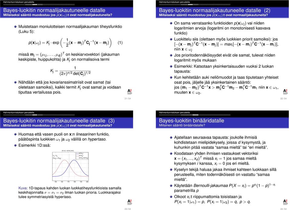 .., µ dj ) T on keskiarvovektori (jakauman keskipiste, huippukohta) ja K j on normalisoiva termi K j = (π) n/ det(c j ) / Nähdään että jos kovarianssimatriisit ovat samat (tai oletetaan samoiksi),