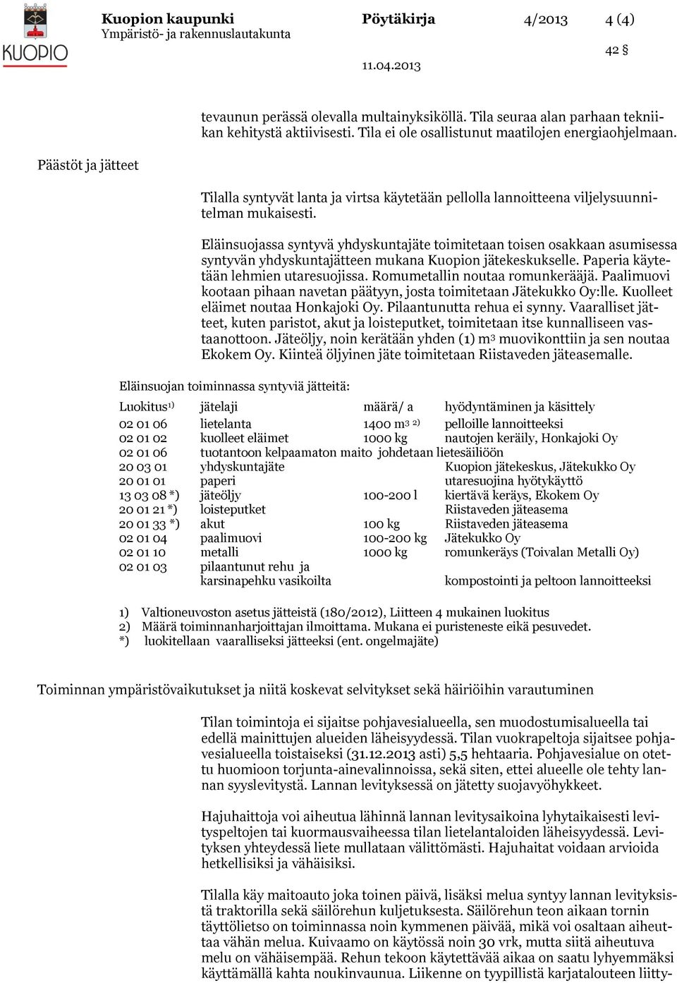 Eläinsuojassa syntyvä yhdyskuntajäte toimitetaan toisen osakkaan asumisessa syntyvän yhdyskuntajätteen mukana Kuopion jätekeskukselle. Paperia käytetään lehmien utaresuojissa.