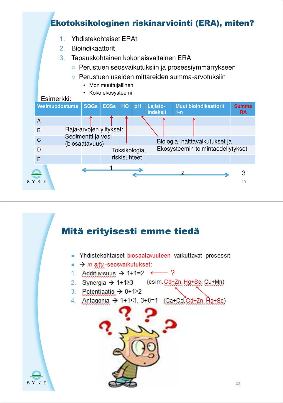 Monimuuttujallinen Koko ekosysteemi Vesimuodostuma SQGs EQSs HQ ph Lajistoindeksit A B C D E Raja-arvojen ylitykset: Sedimentti ja vesi