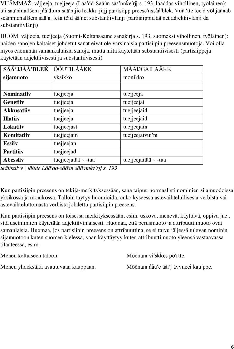 193, suomeksi vihollinen, työläinen): näiden sanojen kaltaiset johdetut sanat eivät ole varsinaisia partisiipin preesensmuotoja.