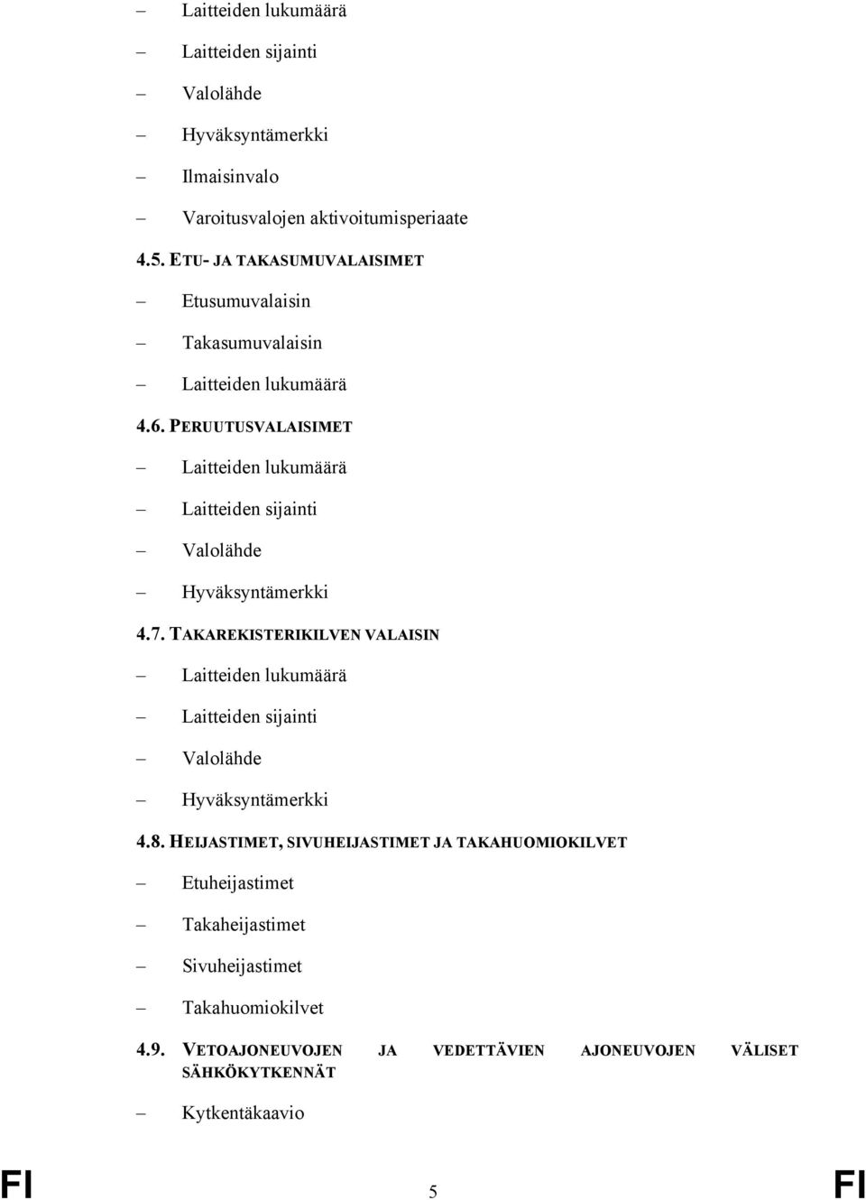 PERUUTUSVALAISIMET Laitteiden lukumäärä Laitteiden sijainti Valolähde Hyväksyntämerkki 4.7.