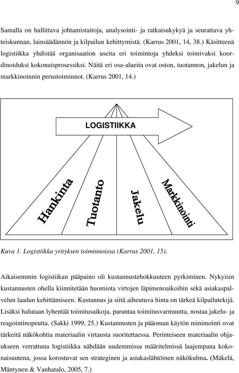 Näitä eri osa-alueita ovat oston, tuotannon, jakelun ja markkinoinnin perustoiminnot. (Karrus 2001, 14.) LOGISTIIKKA Kuva 1. Logistiikka yrityksen toiminnoissa (Karrus 2001, 15).