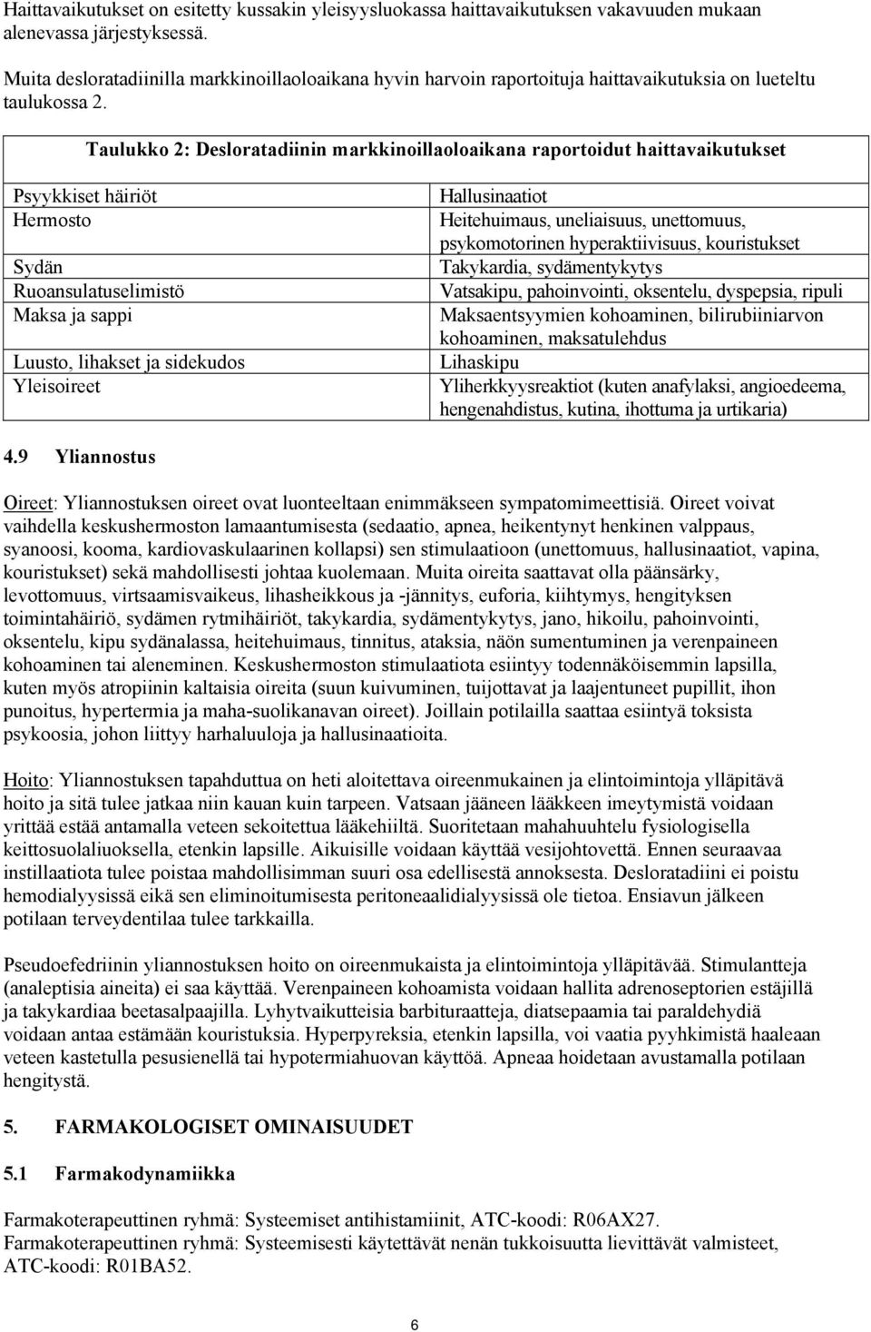 Taulukko 2: Desloratadiinin markkinoillaoloaikana raportoidut haittavaikutukset Psyykkiset häiriöt Hermosto Sydän Ruoansulatuselimistö Maksa ja sappi Luusto, lihakset ja sidekudos Yleisoireet