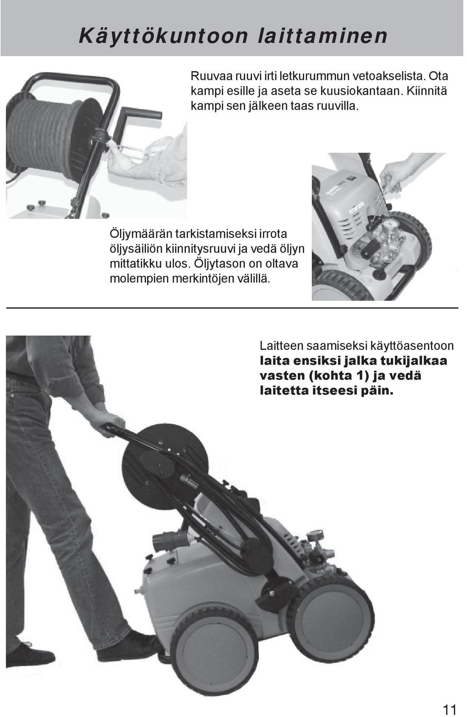 Öljymäärän tarkistamiseksi irrota öljysäiliön kiinnitysruuvi ja vedä öljyn mittatikku ulos.