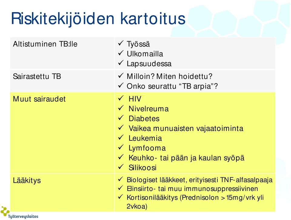 ü HIV ü Nivelreuma ü Diabetes ü Vaikea munuaisten vajaatoiminta ü Leukemia ü Lymfooma ü Keuhko- tai pään ja