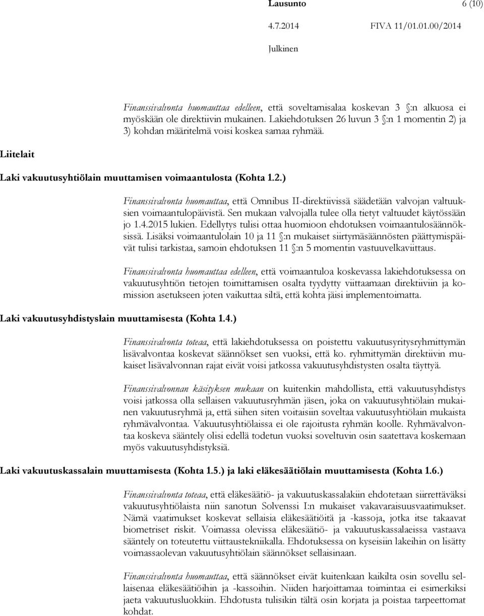 4.) Finanssivalvonta huomauttaa, että Omnibus II-direktiivissä säädetään valvojan valtuuksien voimaantulopäivistä. Sen mukaan valvojalla tulee olla tietyt valtuudet käytössään jo 1.4.2015 lukien.