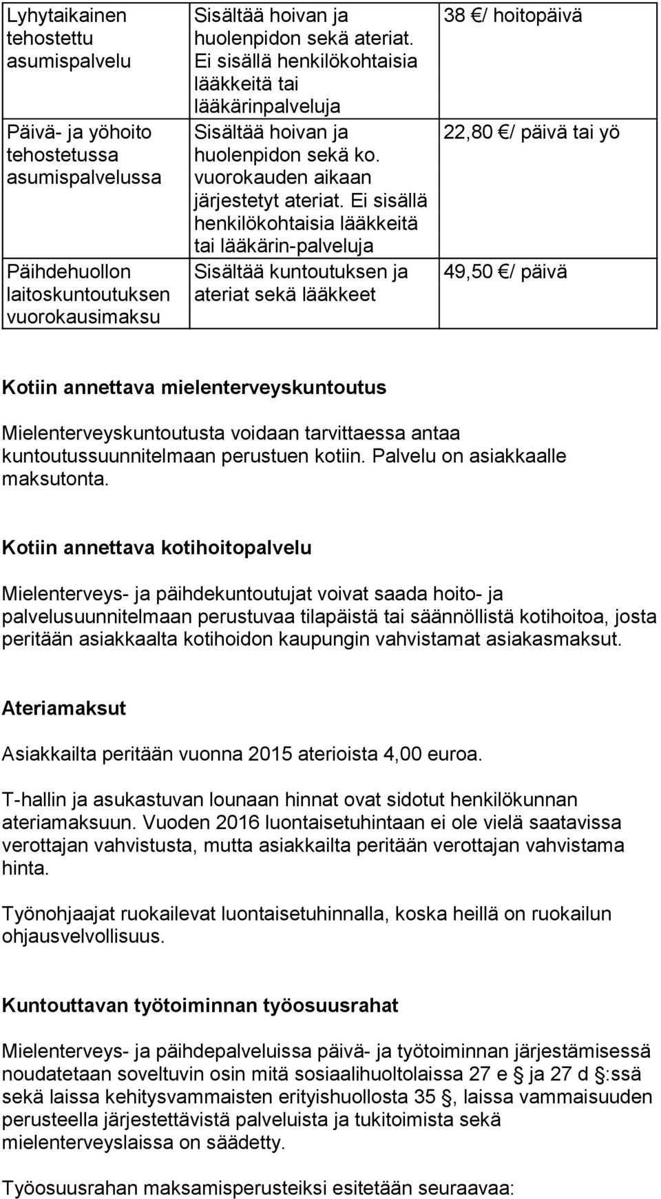 Ei sisällä henkilökohtaisia lääkkeitä tai lääkärin-palveluja Sisältää kuntoutuksen ja ateriat sekä lääkkeet 38 / hoitopäivä 22,80 / päivä tai yö 49,50 / päivä Kotiin annettava mielenterveyskuntoutus