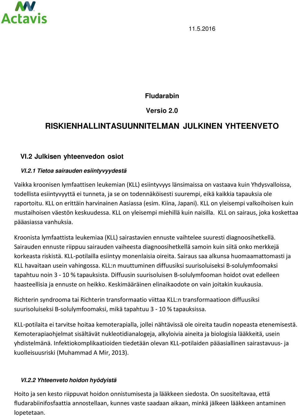 0 RISKIENHALLINTASUUNNITELMAN JULKINEN YHTEENVETO VI.2 