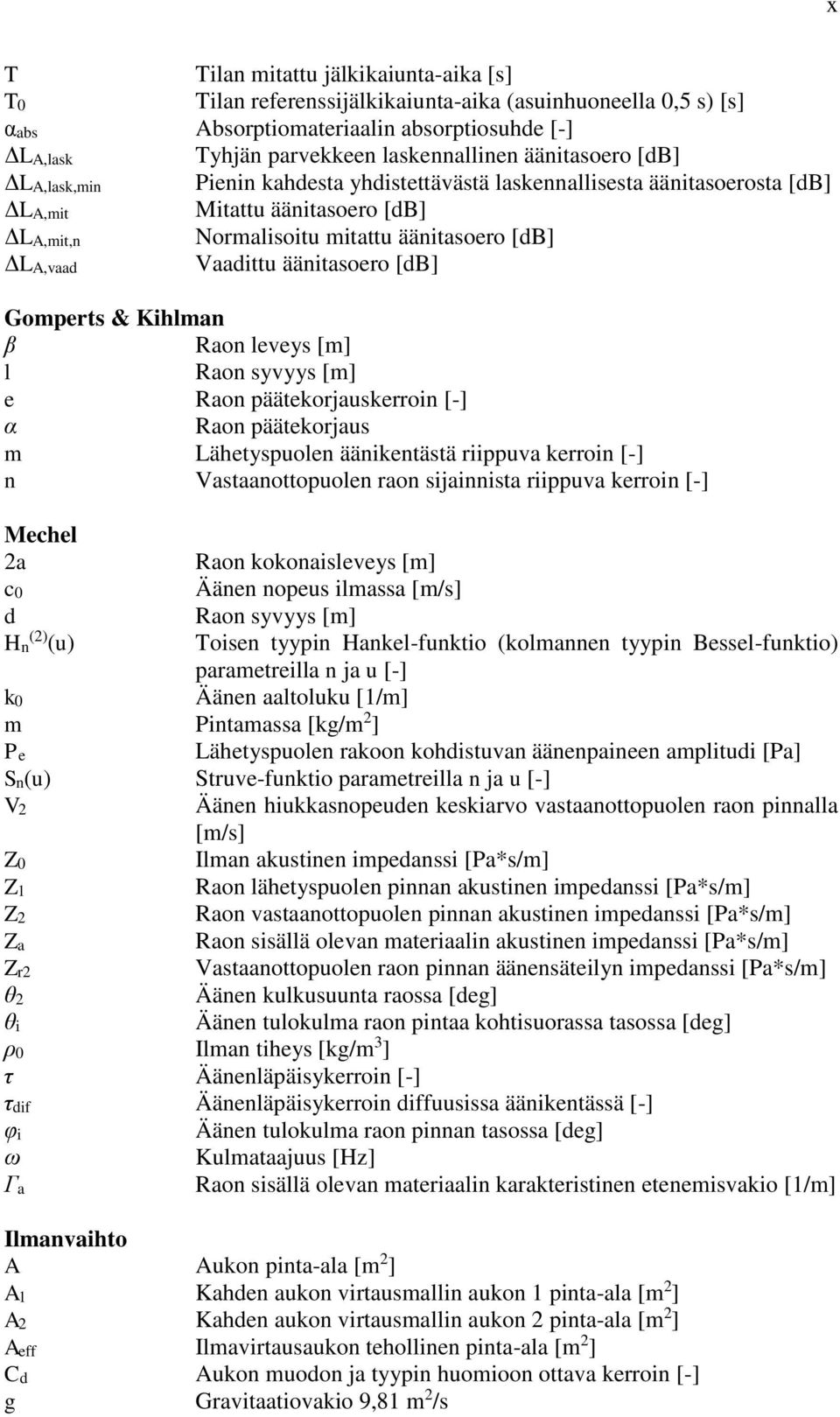 äänitasoero [db] ΔLA,vaad Gomperts & Kihlman β Raon leveys [m] l Raon syvyys [m] e Raon päätekorjauskerroin [-] α Raon päätekorjaus m Lähetyspuolen äänikentästä riippuva kerroin [-] n