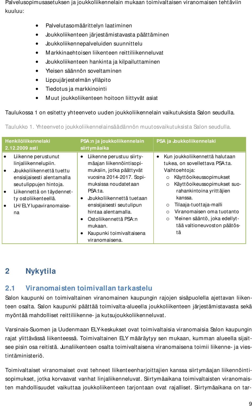 markkinointi Muut joukkoliikenteen hoitoon liittyvät asiat Taulukossa 1 on esitetty yhteenveto uuden joukkoliikennelain vaikutuksista Salon seudulla. Taulukko 1.