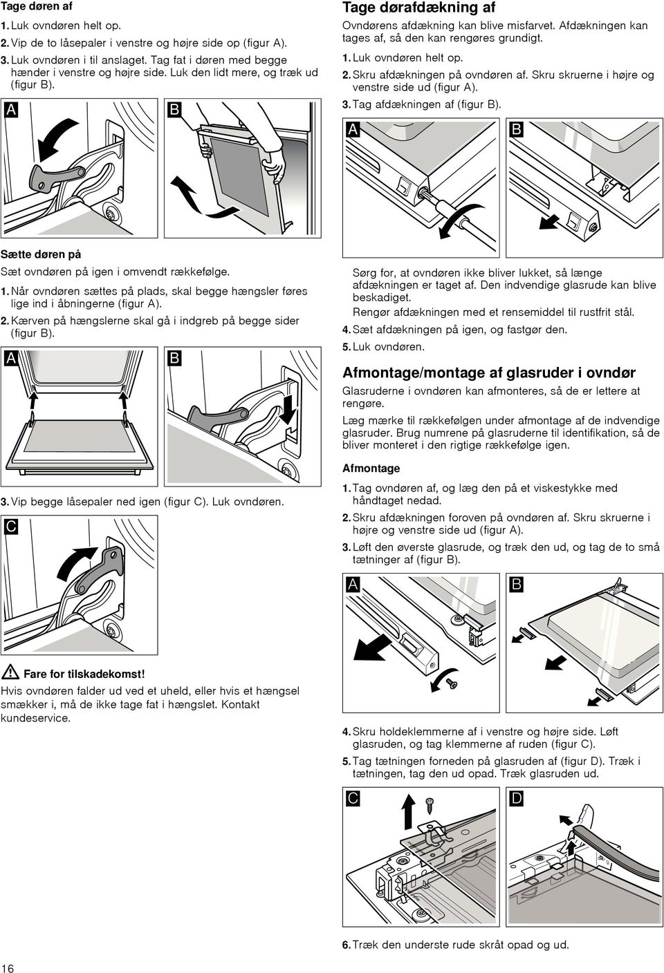 Skru afdækningen på ovndøren af. Skru skruerne i højre og venstre side ud (figur A). 3.Tag afdækningen af (figur B). Sætte døren på Sæt ovndøren på igen i omvendt rækkefølge. 1.