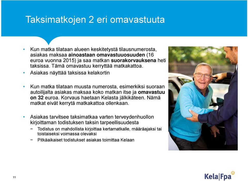 Asiakas näyttää taksissa kelakortin Kun matka tilataan muusta numerosta, esimerkiksi suoraan autoilijalta asiakas maksaa koko matkan itse ja omavastuu on 32 euroa.