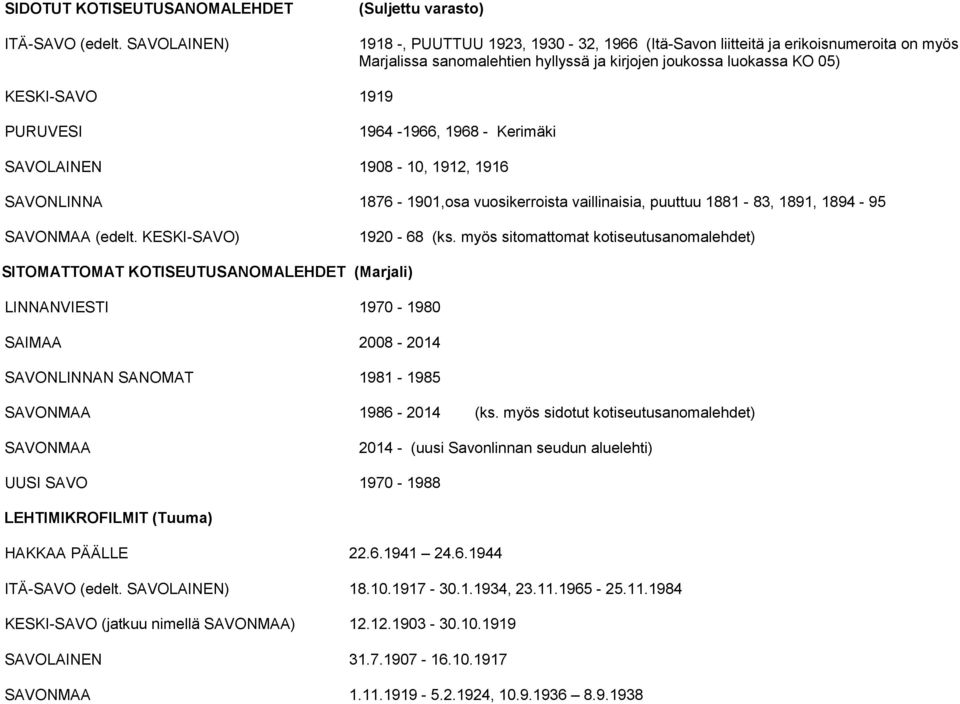 05) 1919 1964-1966, 1968 - Kerimäki SAVOLAINEN 1908-10, 1912, 1916 SAVONLINNA 1876-1901,osa vuosikerroista vaillinaisia, puuttuu 1881-83, 1891, 1894-95 SAVONMAA (edelt. KESKI-SAVO) 1920-68 (ks.