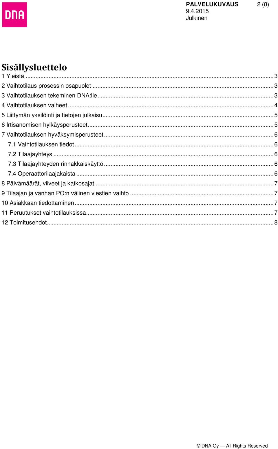 .. 5 7 Vaihtotilauksen hyväksymisperusteet... 6 7.1 Vaihtotilauksen tiedot... 6 7.2 Tilaajayhteys... 6 7.3 Tilaajayhteyden rinnakkaiskäyttö... 6 7.4 Operaattorilaajakaista.