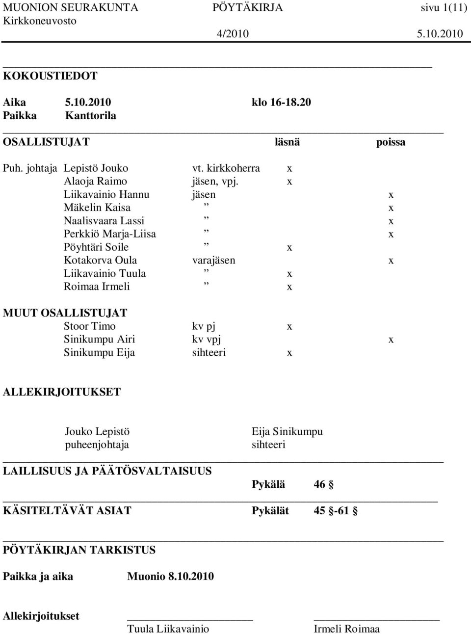 x Liikavainio Hannu jäsen x Mäkelin Kaisa x Naalisvaara Lassi x Perkkiö Marja-Liisa x Pöyhtäri Soile x Kotakorva Oula varajäsen x Liikavainio Tuula x Roimaa Irmeli x MUUT