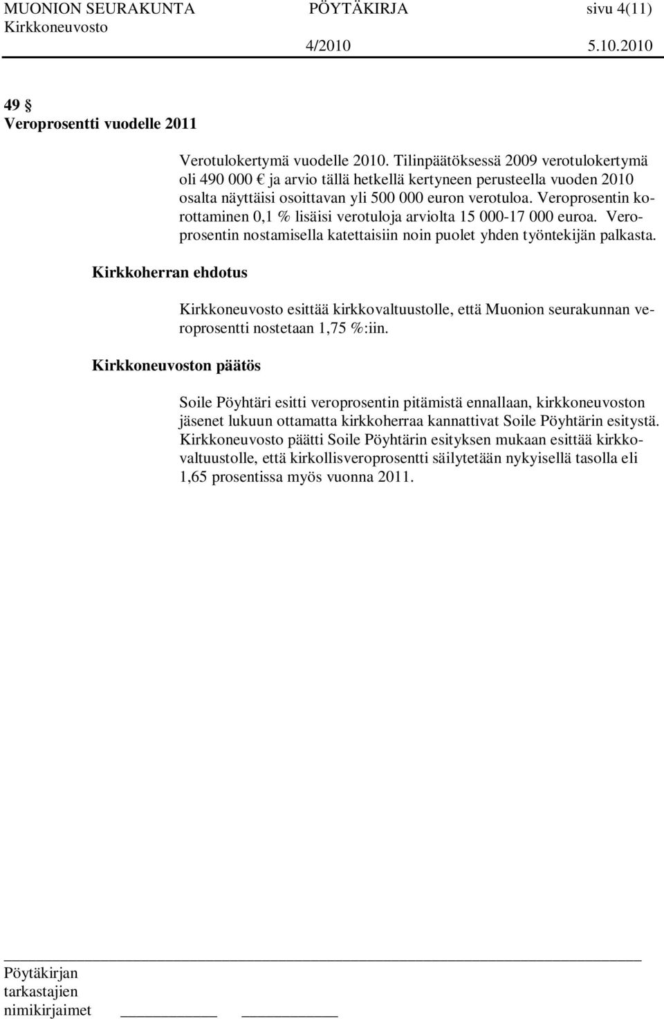 Veroprosentin korottaminen 0,1 % lisäisi verotuloja arviolta 15 000-17 000 euroa. Veroprosentin nostamisella katettaisiin noin puolet yhden työntekijän palkasta.