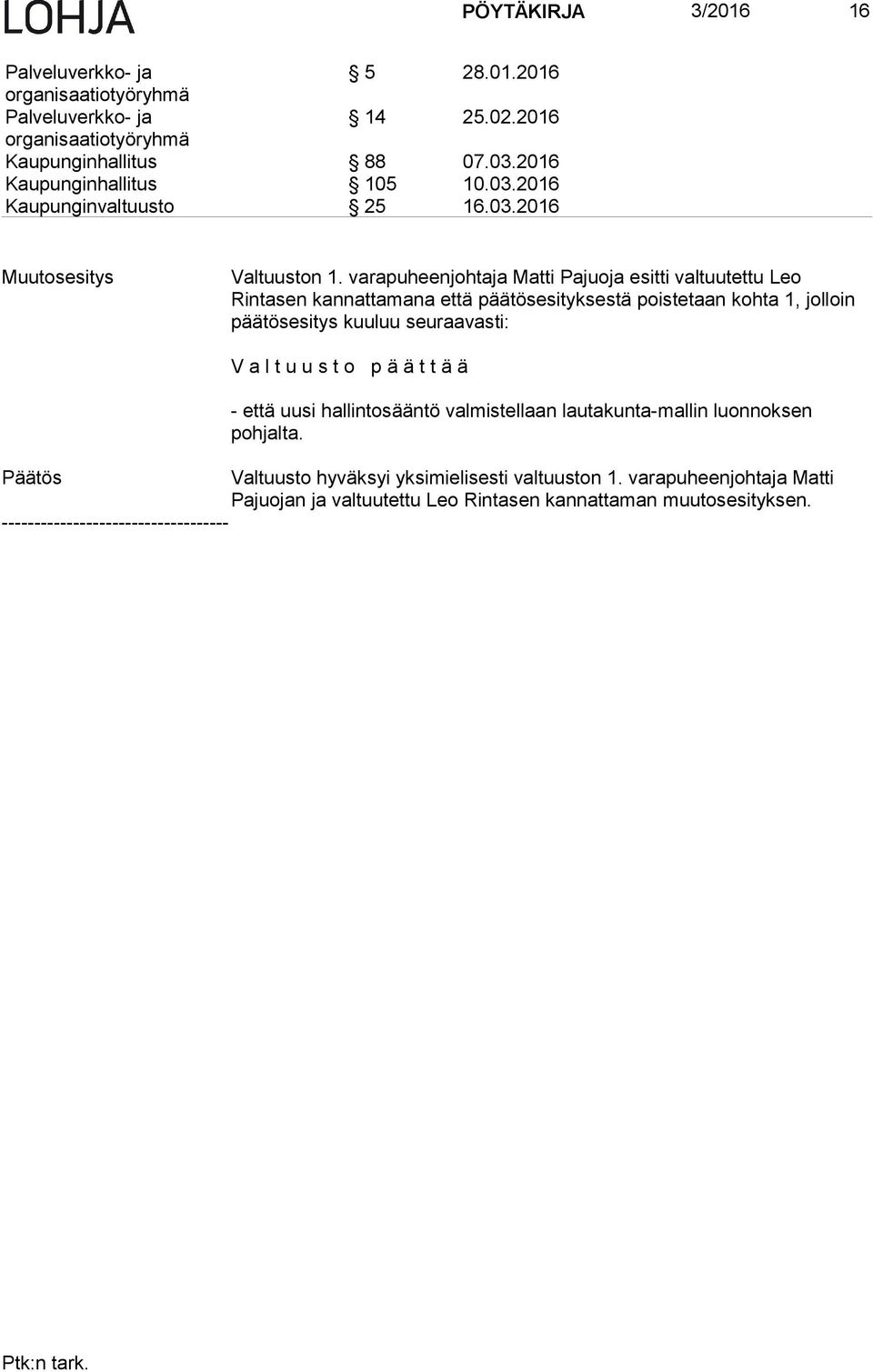 kuuluu seuraavasti: V a l t u u s t o p ä ä t t ä ä - että uusi hallintosääntö valmistellaan lautakunta-mallin luonnoksen pohjalta.