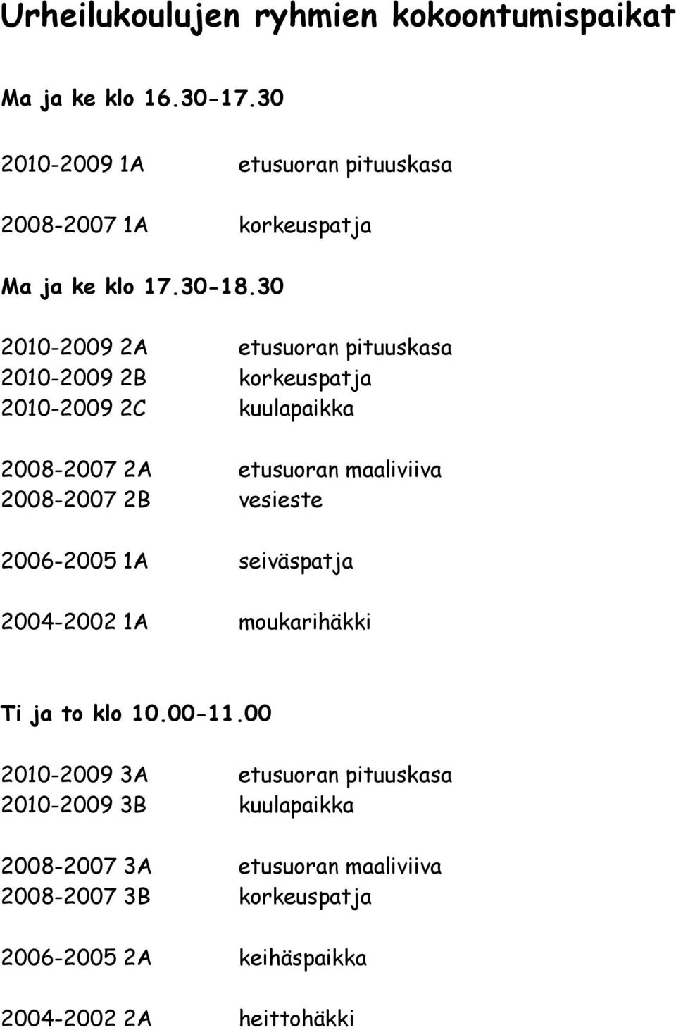 30 2010-2009 2A etusuoran pituuskasa 2010-2009 2B korkeuspatja 2010-2009 2C kuulapaikka 2008-2007 2A etusuoran maaliviiva 2008-2007 2B