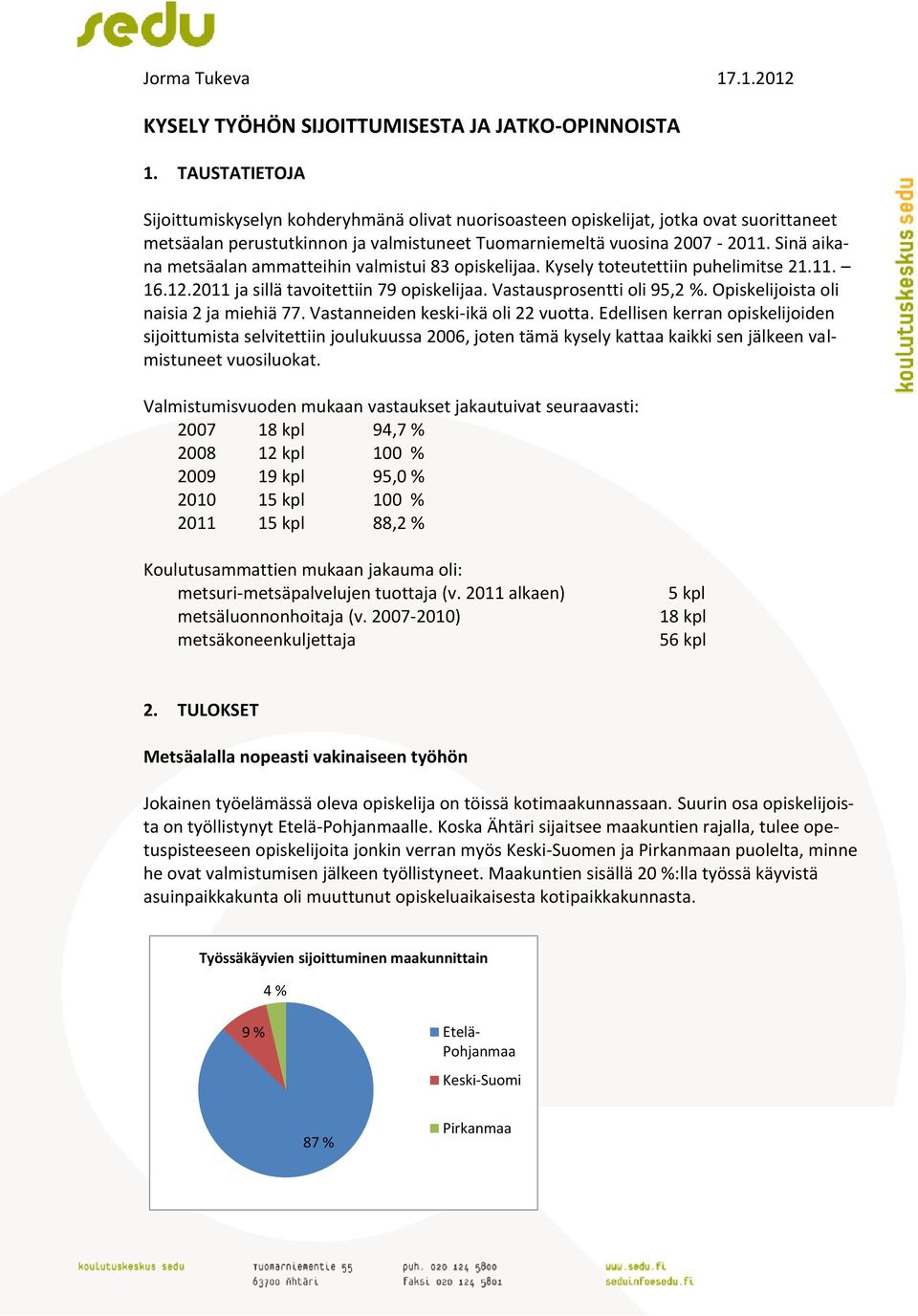 Sinä aikana metsäalan ammatteihin valmistui 83 opiskelijaa. Kysely toteutettiin puhelimitse 21.11. 16.12.2011 ja sillä tavoitettiin 79 opiskelijaa. Vastausprosentti oli 95,2 %.