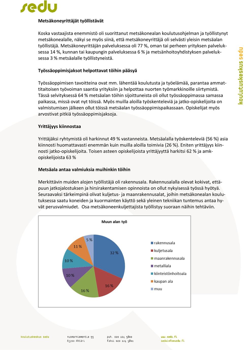 Metsäkoneyrittäjän palveluksessa oli 77 %, oman tai perheen yrityksen palveluksessa 14 %, kunnan tai kaupungin palveluksessa ja metsänhoitoyhdistyksen palveluksessa 3 % metsäalalle työllistyneistä.