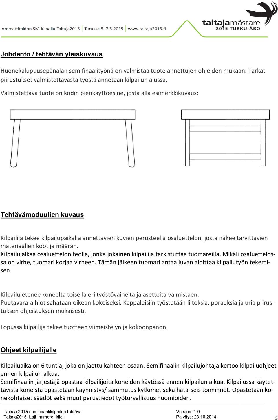 tarvittavien materiaalien koot ja määrän. Kilpailu alkaa osaluettelon teolla, jonka jokainen kilpailija tarkistuttaa tuomareilla. Mikäli osaluettelossa on virhe, tuomari korjaa virheen.