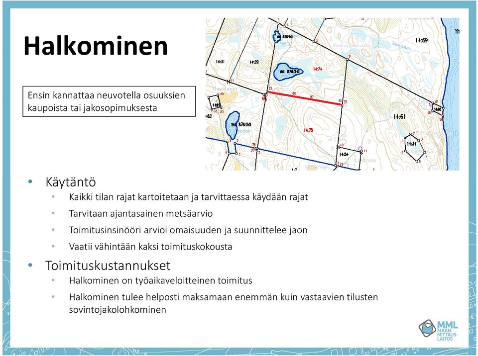 omaisuuden ja suunnittelee jaon Vaatii vähintään kaksi toimituskokousta Toimituskustannukset Halkominen on