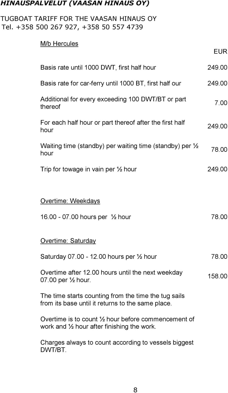 00 Additional for every exceeding 100 DWT/BT or part thereof For each half hour or part thereof after the first half hour Waiting time (standby) per waiting time (standby) per ½ hour 7.00 249.00 78.