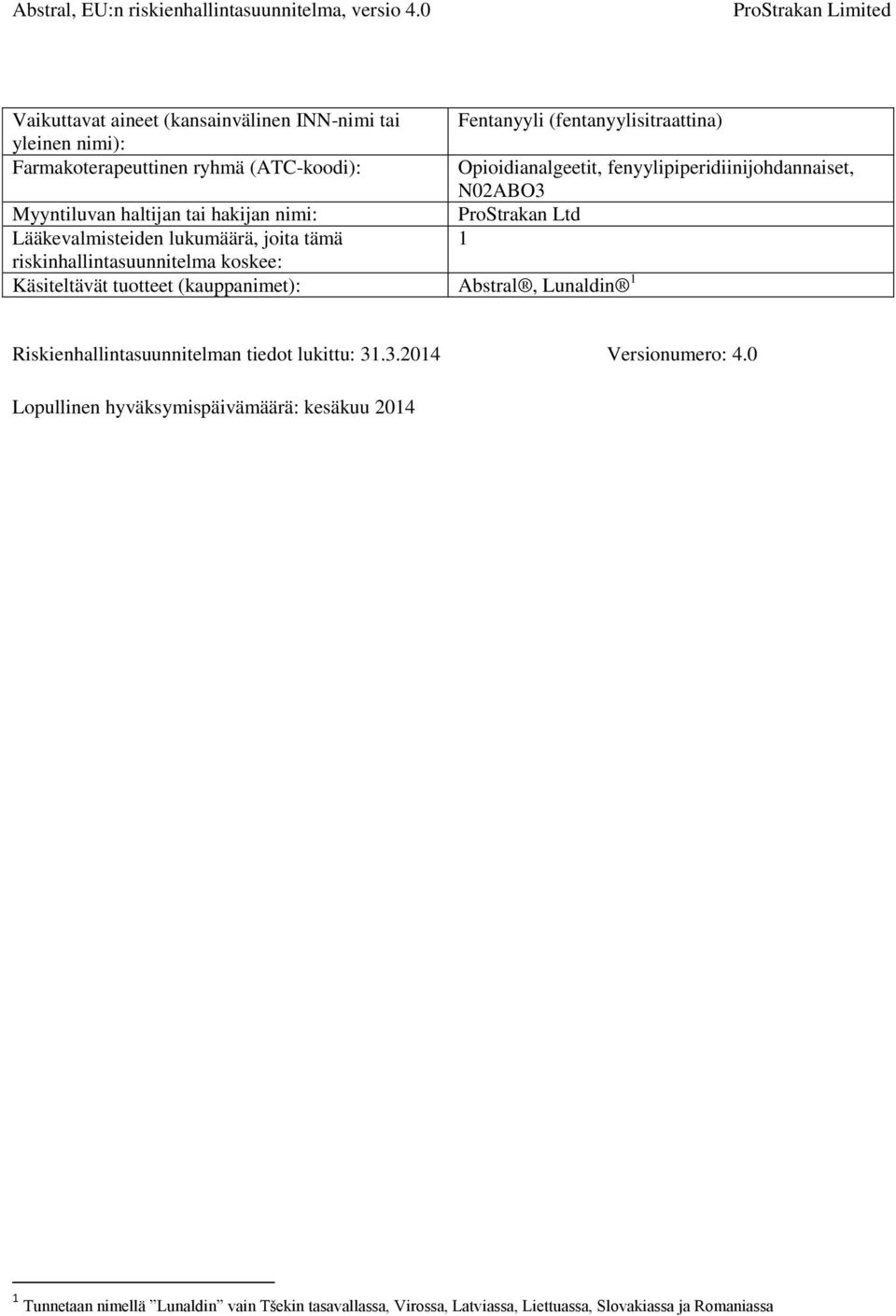 1 riskinhallintasuunnitelma koskee: Käsiteltävät tuotteet (kauppanimet): Abstral, Lunaldin 1 Riskienhallintasuunnitelman tiedot lukittu: 31