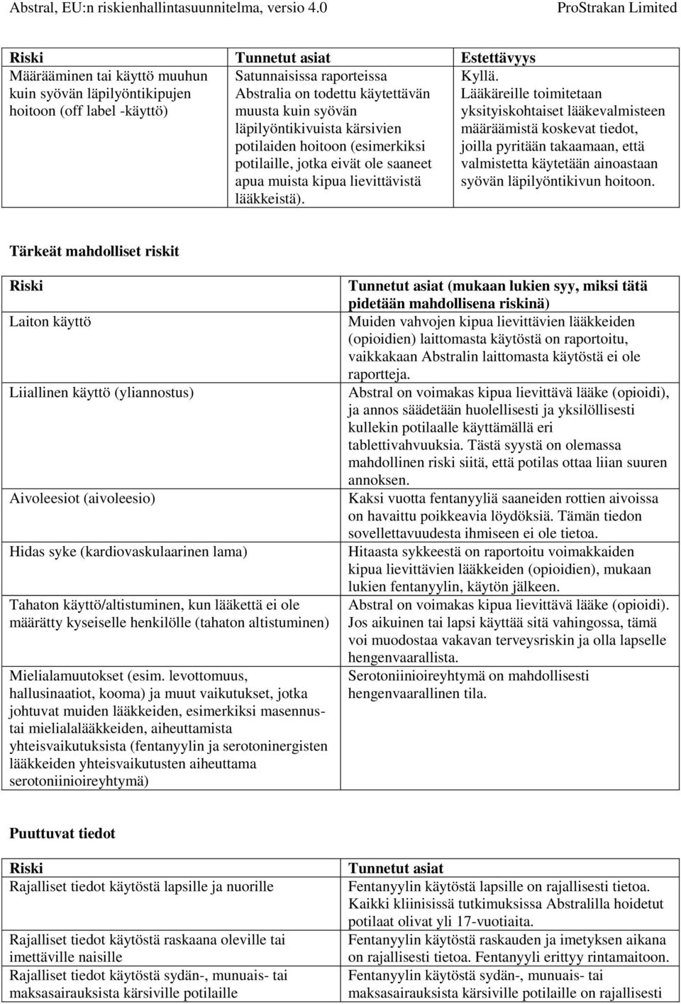 määräämistä koskevat tiedot, joilla pyritään takaamaan, että valmistetta käytetään ainoastaan syövän läpilyöntikivun hoitoon.