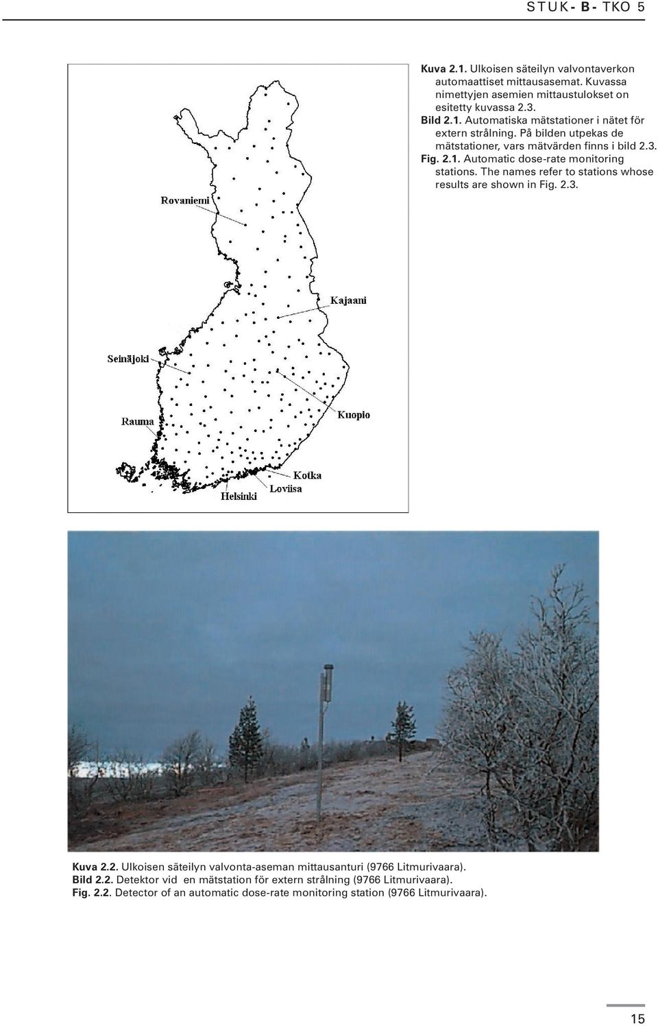 The names refer to stations whose results are shown in Fig. 2.3. Kuva 2.2. Ulkoisen säteilyn valvonta-aseman mittausanturi (9766 Litmurivaara). Bild 2.2. Detektor vid en mätstation för extern strålning (9766 Litmurivaara).