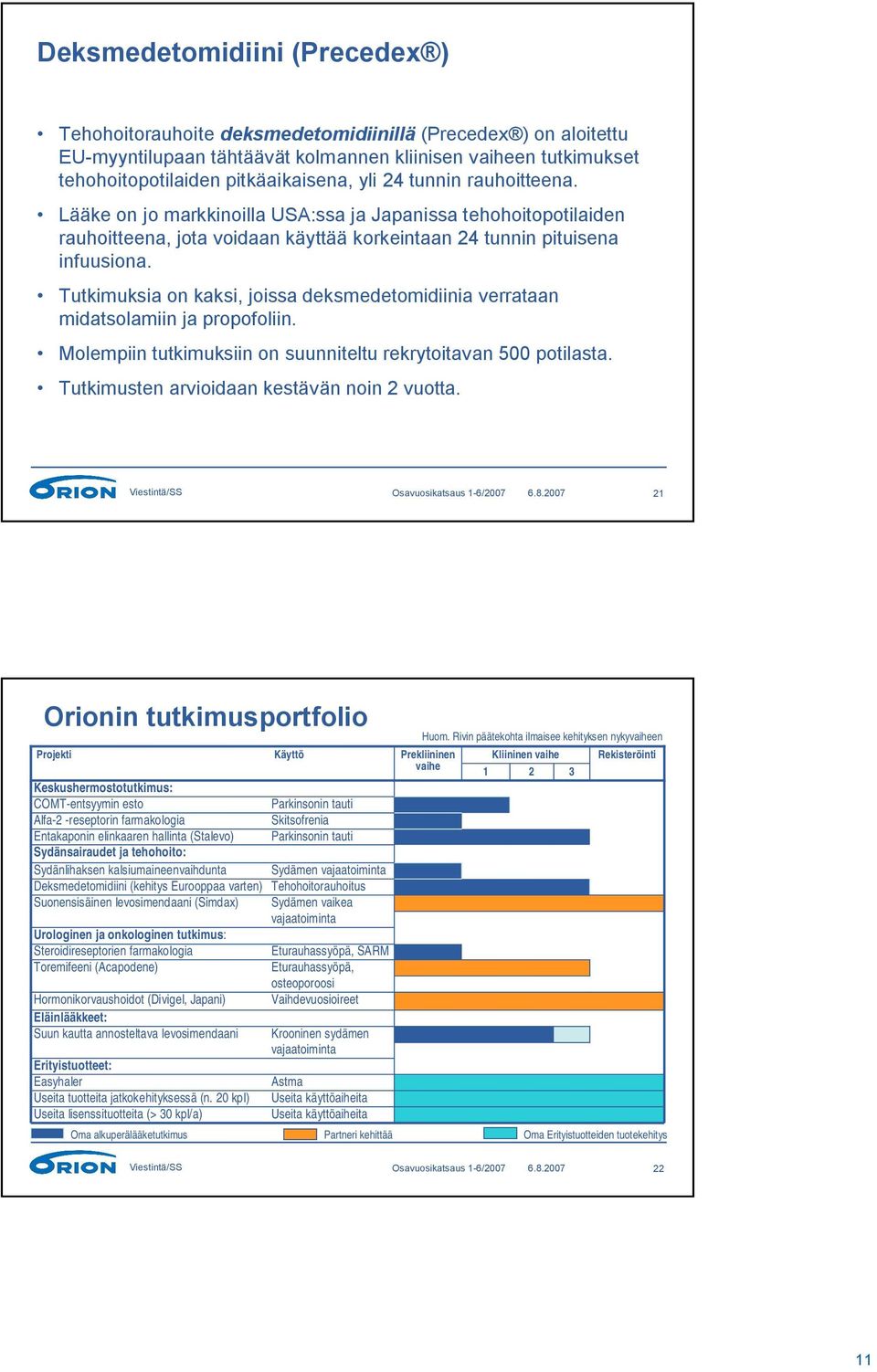 Tutkimuksia on kaksi, joissa deksmedetomidiinia verrataan midatsolamiin ja propofoliin. Molempiin tutkimuksiin on suunniteltu rekrytoitavan 500 potilasta.